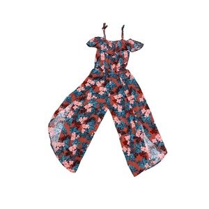 Little Girl Medium Red Pink Ruffle Floral Slit Jumpsuit Summer Boho Retro Dress
